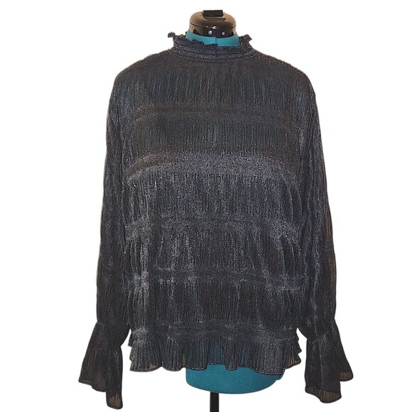 EXPRESS • Women’s Black Metallic Semi Sheer Mesh Ruffle Mock Neck Blouse Size XL - Picture 1 of 6